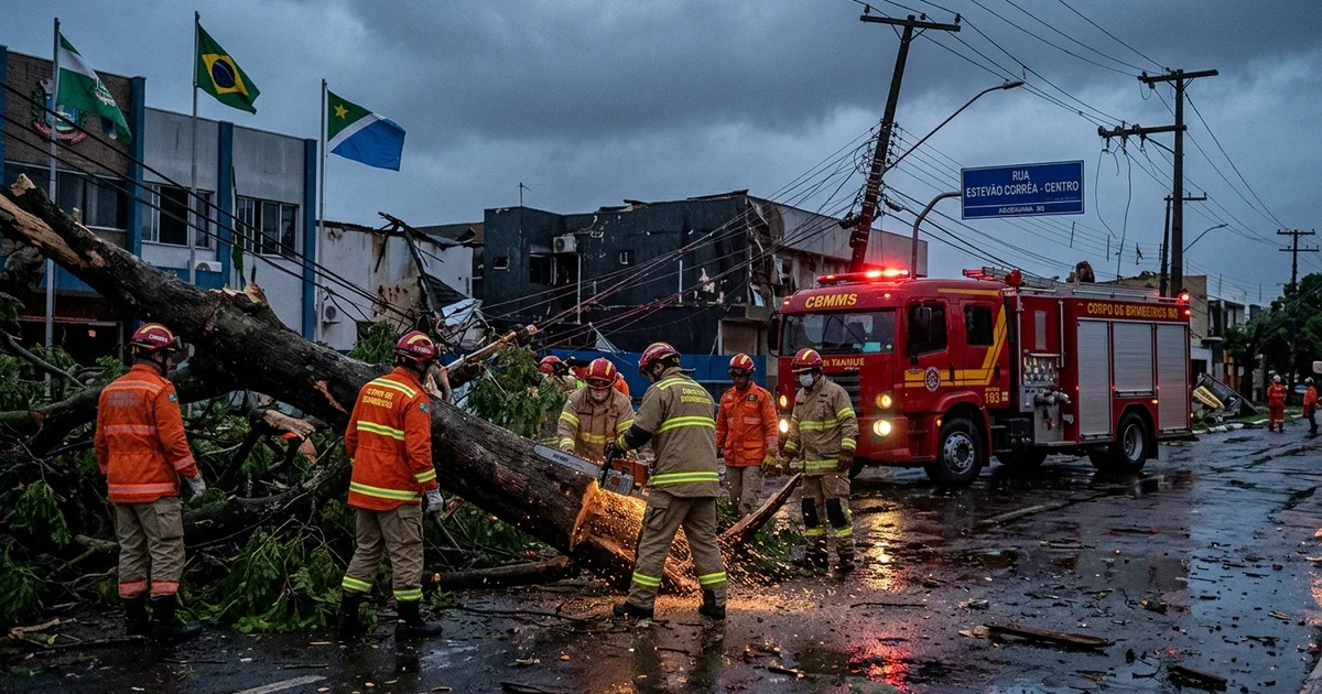 Força-tarefa do Corpo de Bombeiros e Defesa Civil atua na desobstrução de vias e corte de árvores após temporal em Aquidauana e Anastácio. — Imagem criada por inteligência artificial.