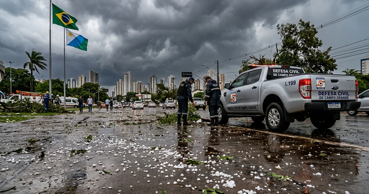 Forte temporal com granizo e ventos de 70 km/h provoca estragos e apagões em Campo Grande
