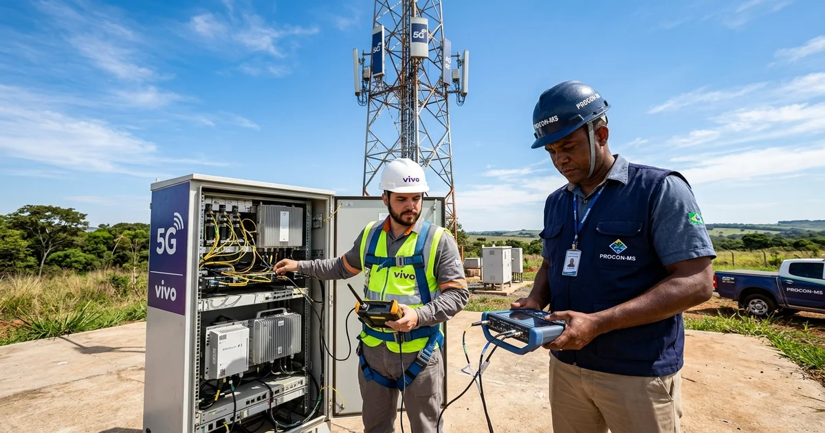Torre de transmissão de telefonia móvel e internet 5G passa por vistoria técnica de fiscalização do Procon-MS e engenheiros de telecomunicações em Mato Grosso do Sul.