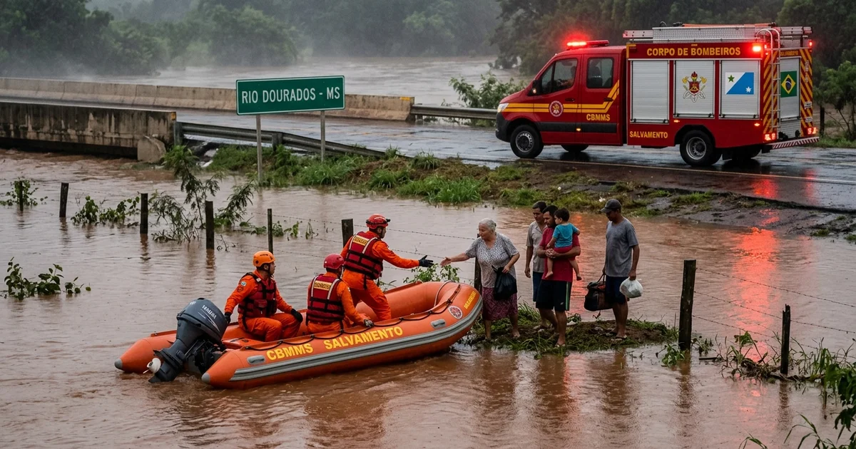 Equipes do Corpo de Bombeiros Militar de Mato Grosso do Sul realizam resgates aquáticos em áreas alagadas pelo transbordamento do Rio Dourados. — Imagem criada por inteligência artificial.