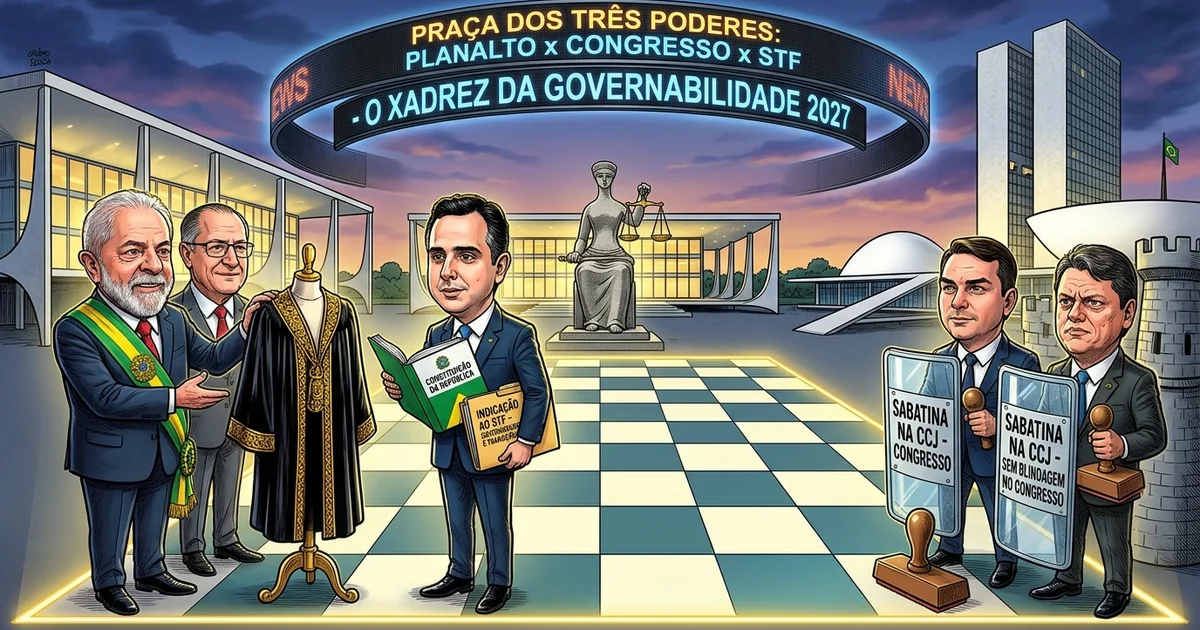 Charge editorial retrata o triângulo do poder em Brasília entre Planalto, STF e a oposição no Senado em torno da governabilidade de 2027 e da sucessão judicial — Imagem criada por inteligência artificial.