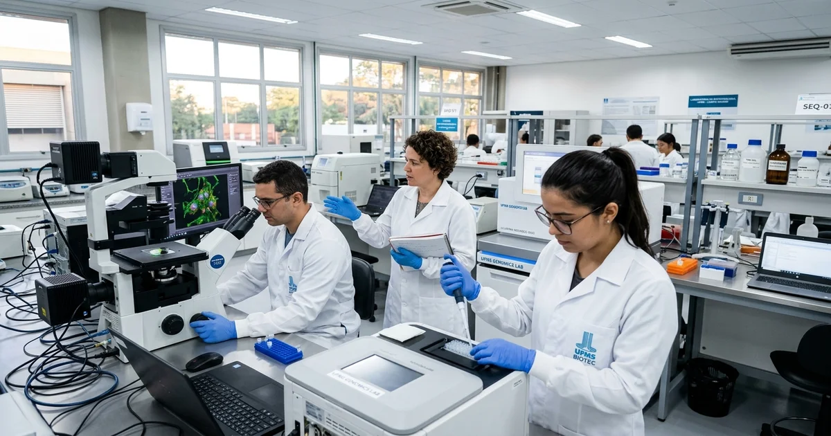 Pesquisadores e estudantes de pós-graduação analisam amostras microbiológicas em novo laboratório de biotecnologia financiado pela Fundect em Campo Grande.