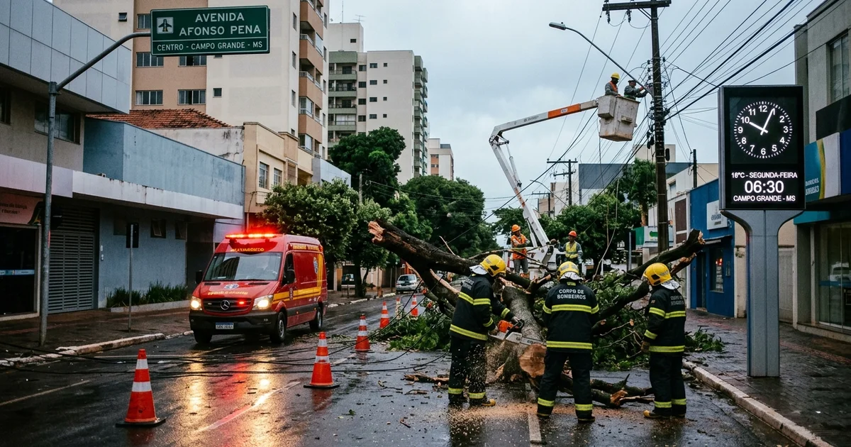 Equipes do Corpo de Bombeiros Militar e técnicos da concessionária em operação de desobstrução de via e recomposição de rede elétrica danificada por queda de árvores em Campo Grande — Imagem criada por inteligência artificial.