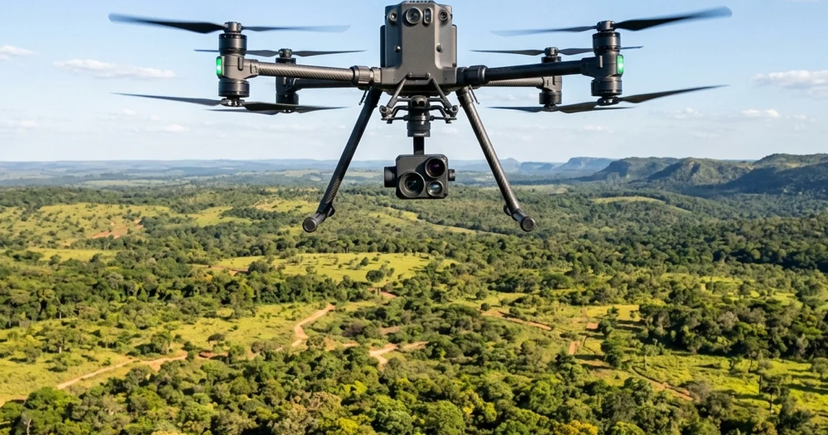 Drone de monitoramento térmico sobrevoando área de conservação em MS para prevenir incêndios florestais