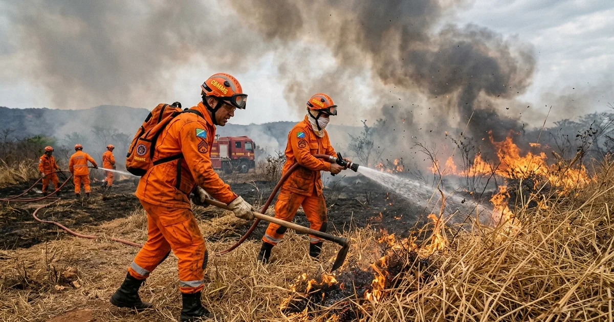 Corpo de Bombeiros combate incêndio em vegetação no Parque de Piraputangas em Corumbá