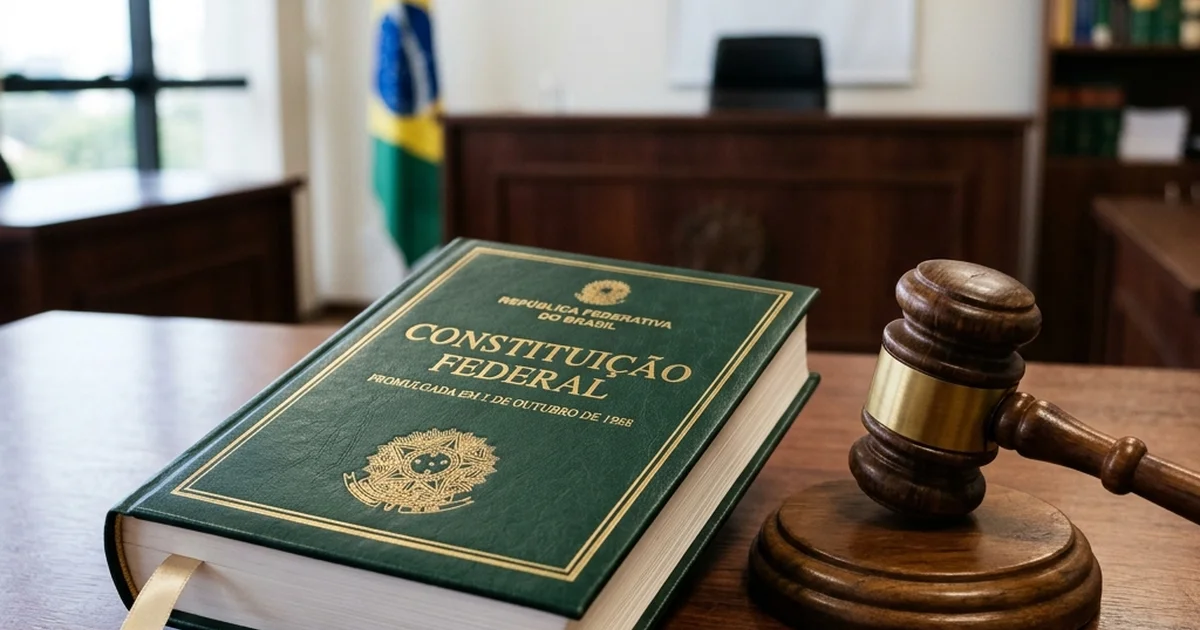Exemplar oficial da Constituição Federal e martelo de juiz, símbolos da legalidade eleitoral no Brasil